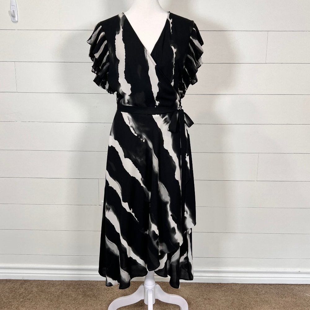 H by Halston Sheer Black Short Sleeve Midi Wrap Dress Size M